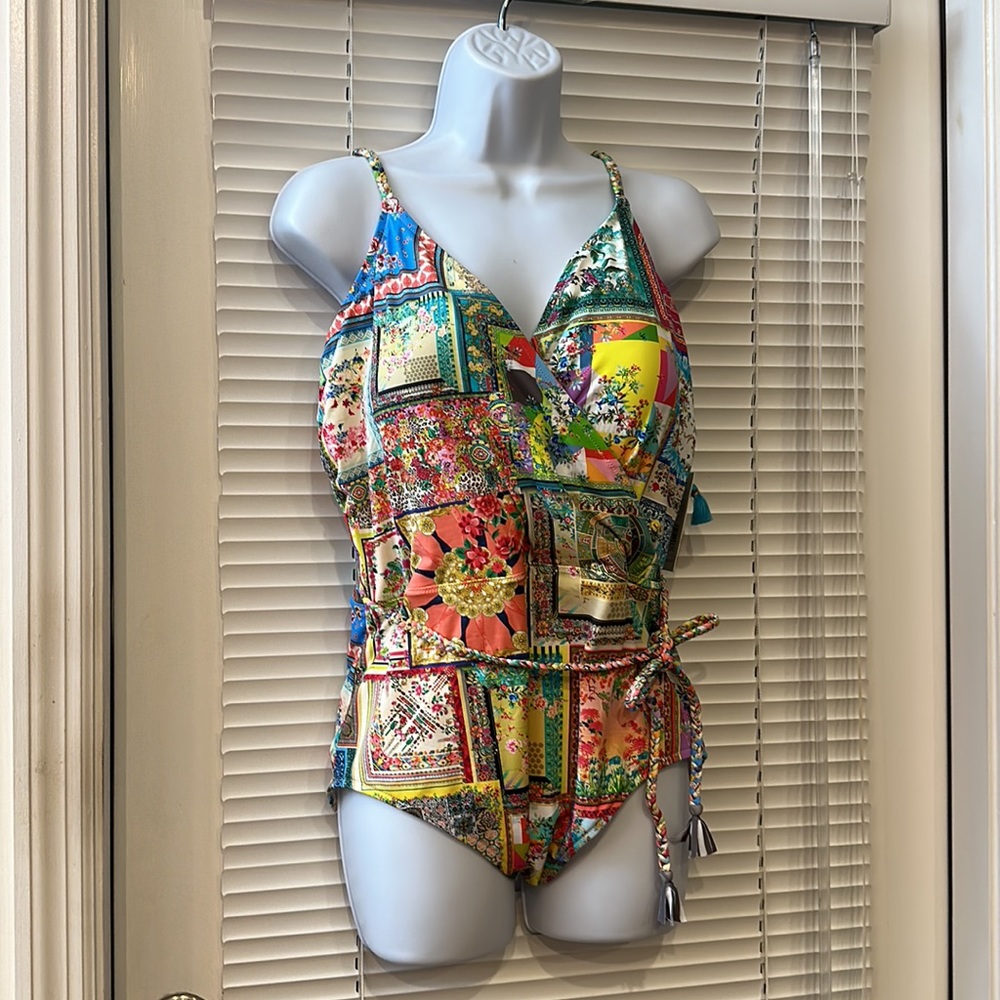 Johnny Was PLUS Fleur Braided Mock Wrap UPF 50+ Lined Print One Piece